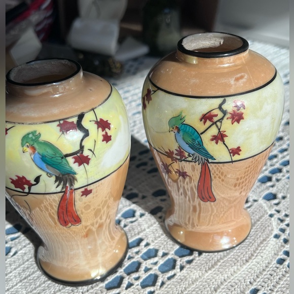 Pair: Pre WWII Handpainted Japan Parrot Lusterware 5.5" vases - Picture 9 of 11